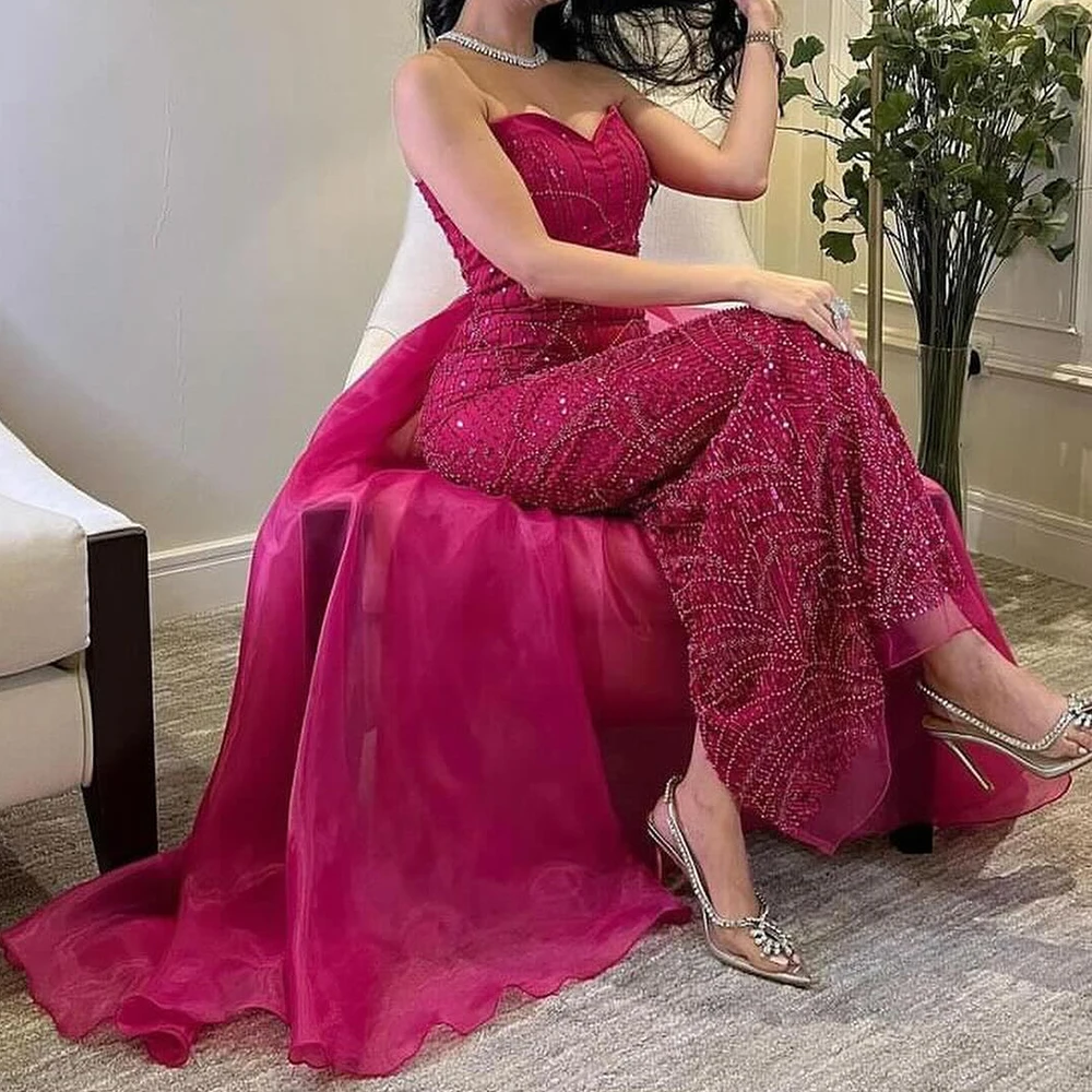 Customized Exquisite Panel Train Pleats Crystal Evening Dresses Temperament Straight Sweetheart Tulle Party Gowns فساتين سهرة