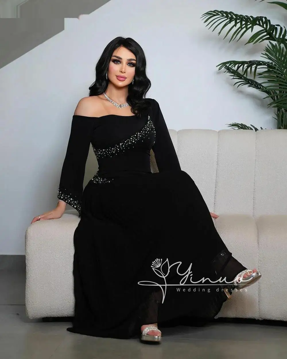 customized Glitter Black One Shoulder Chiffon Evening Dresses Sequins Beading Long Sleeves 2025 Elegant Saudi Arabia Prom Gown