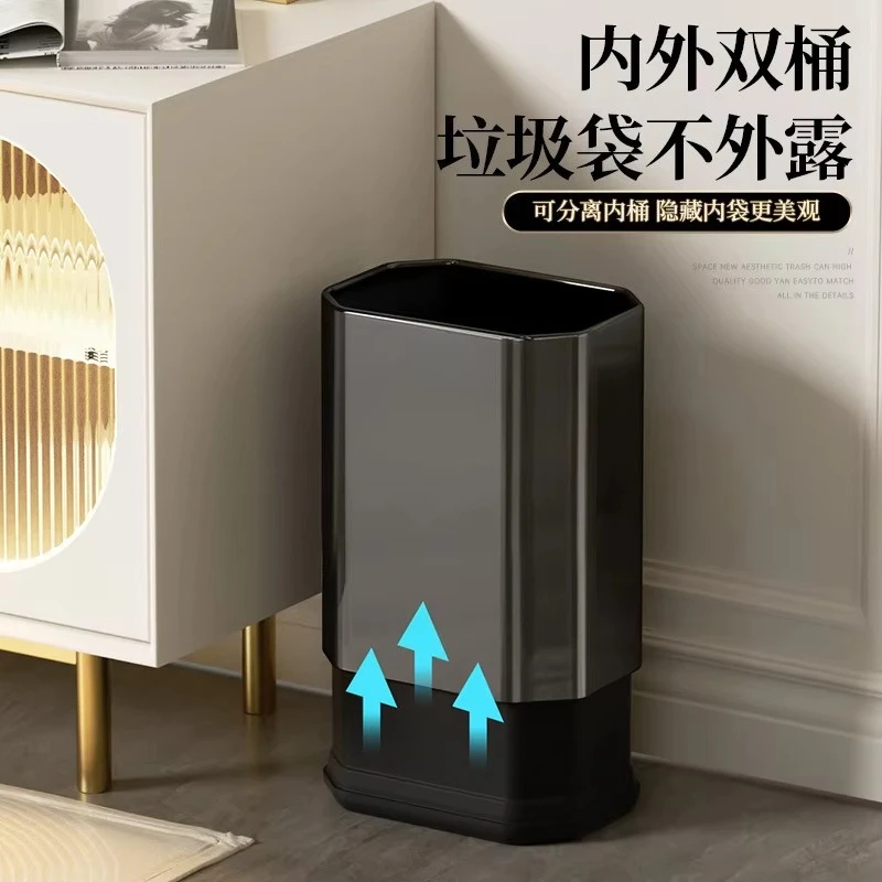 10L/2.6gal Black Stainless Steel Double-Layer Trash Can Open-Top Rubbish Bin, Luxury Wastebasket Matte Garbage Can for bathroom