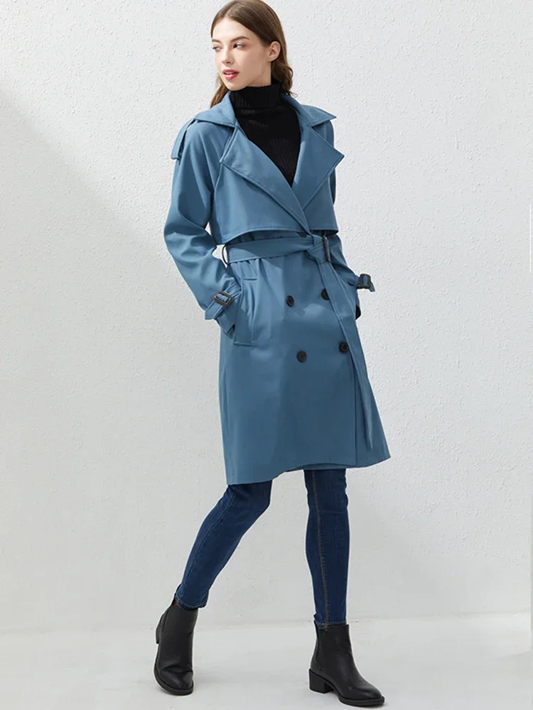 FTLZZ Autumn Winter Elegant Women Lapel Double Breasted Midi Coat Casual Lady Blue Windbreaker Jacket with Belt