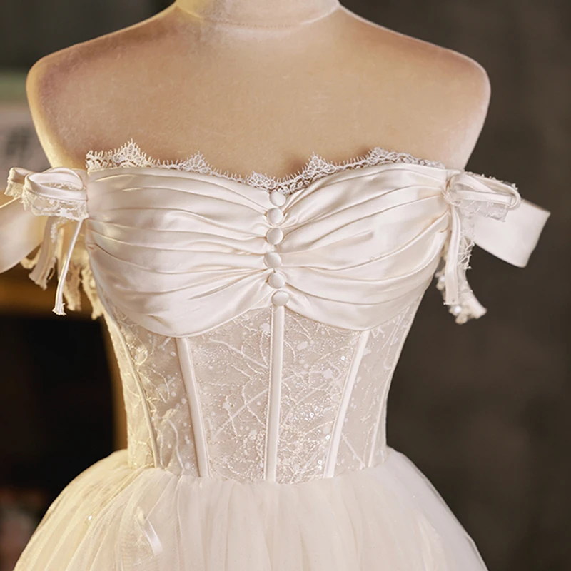 Anxin sh princesa cetim branco e renda barco pescoço babados grande arco zíper festa curto vestido de noite personalizado pequeno vestido branco