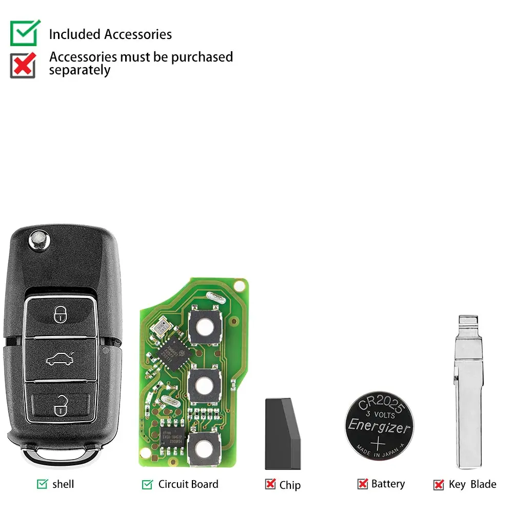 5 Piece XHORSE XKB506EN B5 Flip 3 Buttons XK Series Wire Remote Key Extreme Black