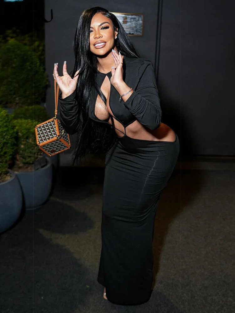 kliou Sexy Hot Decolleté Vrouwen Jurk Effen Mode Unieke Holle Volledige Mouw Tailleless Cross Bodycon Vrouwelijke Coquette Club Japon