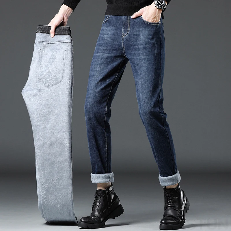 2024 Winter Jeans For Men Thicken Warmer Jeans Fleece Male Denim Pants Slim Straight Stretch Mens Desinger Clothing Trousers