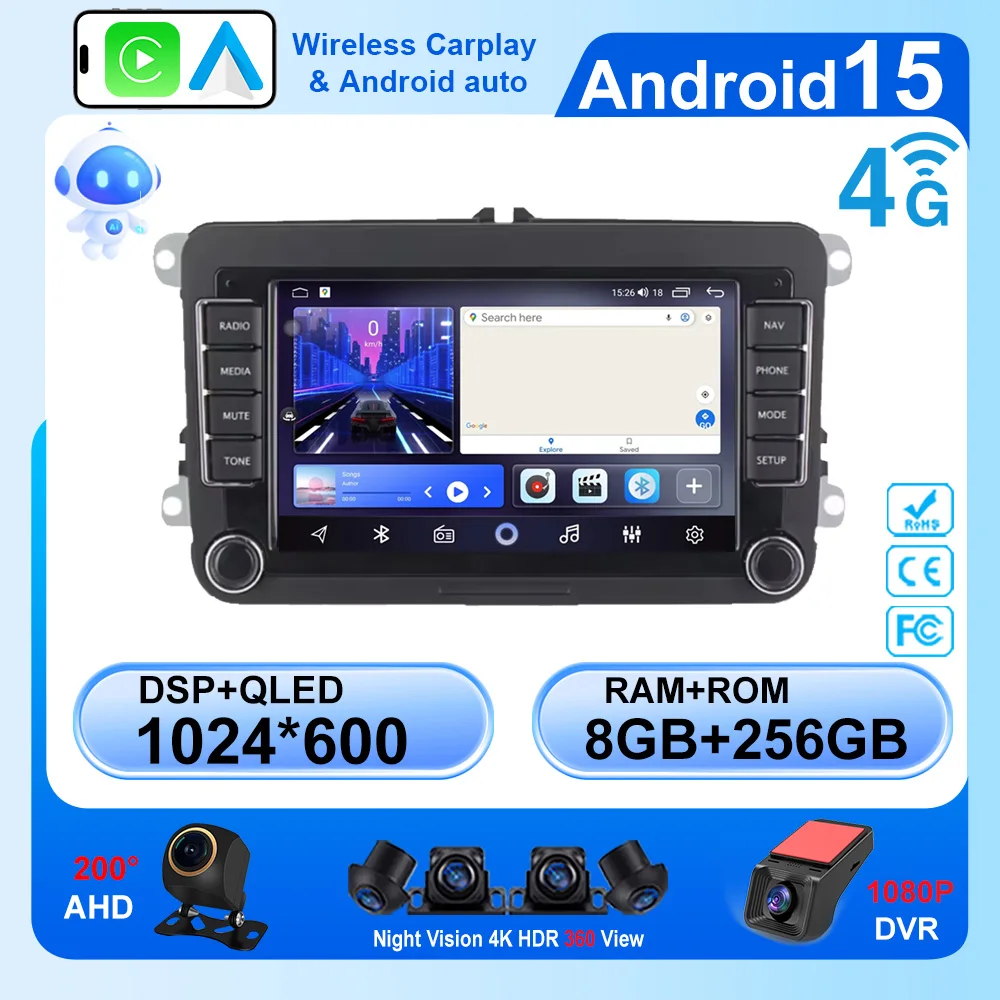 

7" Android 15 Car Radio for VW POLO GOLF 5 6 Plus PASSAT B6 Jetta Tiguan Touran Sharan Scirocco Caddy Seat Leon Altea Fabia