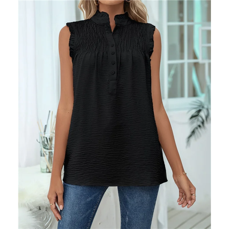 

【SEE】Women Tops Sleeveless Button Down Neckline Blouses Ruffled Chest Pleated Front Vest Casual Basic Shirts Top