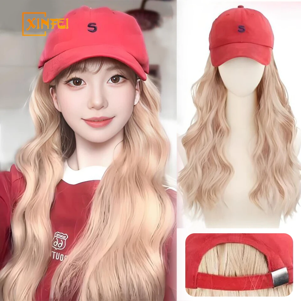 XINFEI Synthetic Hat Wig Fashion Red Baseball Cap Water Ripple Long Curly Hair Wig Hat for Parties and Daily Wear