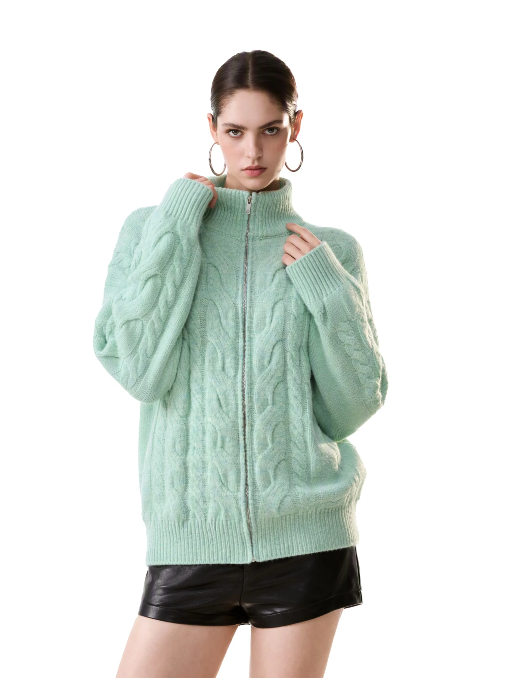 Loose Women's Open Cardigan Knitted Sweater Soft Cozy Stand Collar Twist Flower Design Long Sleeve Winter Fashion Casual Wear