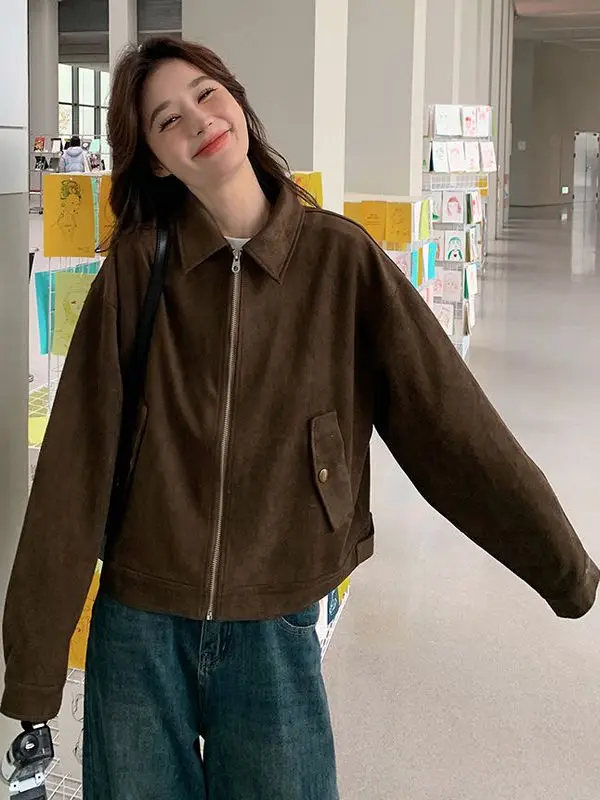 Cappotto da motociclista Jaet in pelle scamosciata retrò americana Sle Or da donna primavera autunno inverno pigro chic freddo per donna
