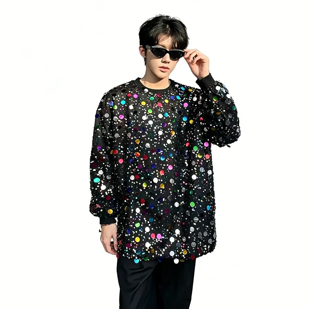 Glitter Sequins Men's T-Shirt Hip Hop Streetwear Long Sleeve Loose Male Casual Tees Jazz Street Dance Performance Shiny Tops