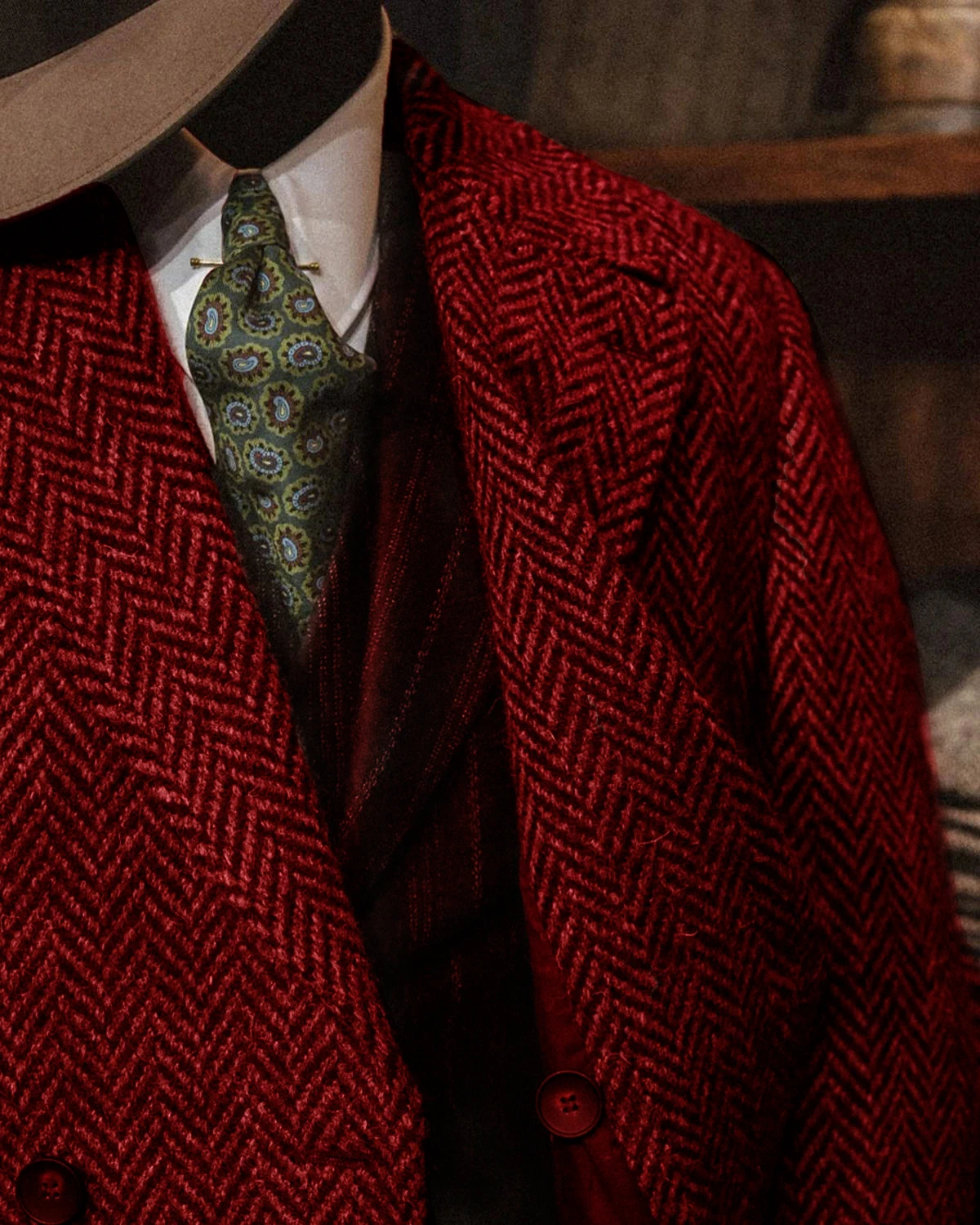 Classic Red Grey Herringbone Tweed Double-Breasted Overcoat with Flap Pockets Men Autumn Vintage Long Coat Customized M-M10159