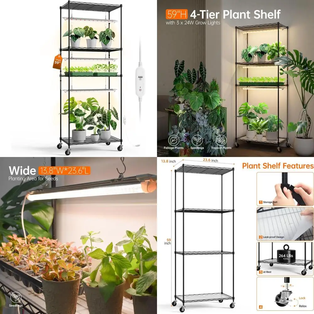 

Регулируемая подставка для растений с колесами, комплект из 3 ламп для выращивания растений T8, 72 Вт, полный спектр, таймер в комплекте, идеально подходит для роста и спроектирования комнатных растений.