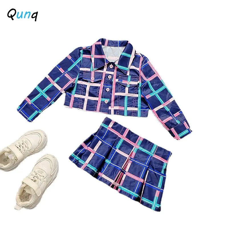 Qunq 2023 Summer New Girls Turn-Down Collar Plaid Long Sleeveless Top + Pleated Skirt 2 Pieces Set Casual Kids Clothes Age 3T-8T