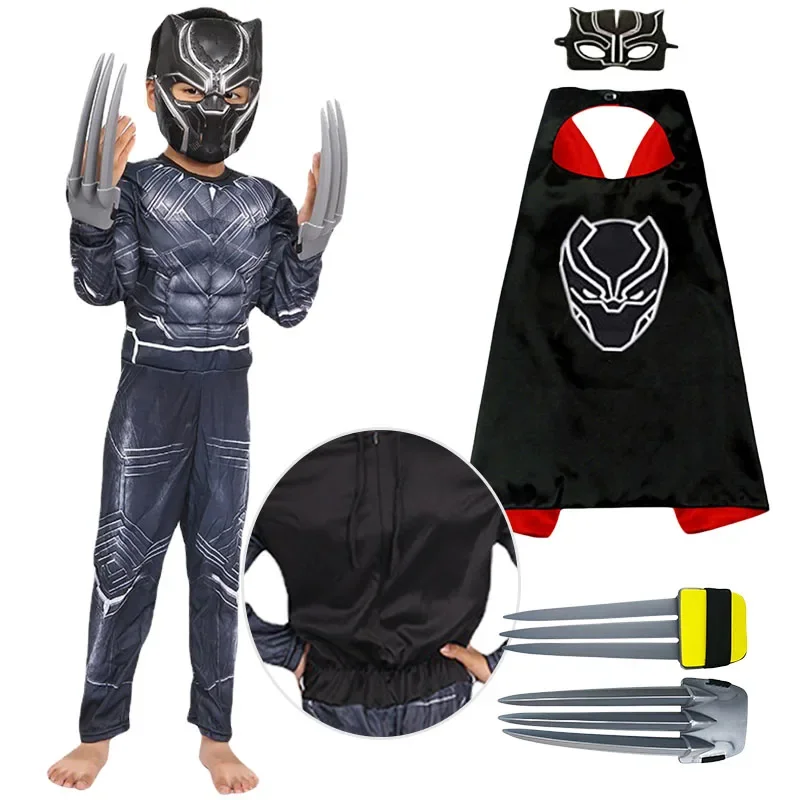 Black Panther Muscle Costume Kids Superhero Black Panther TChalla Cosplay Costume Mask Claws Halloween Party Costumes for Child