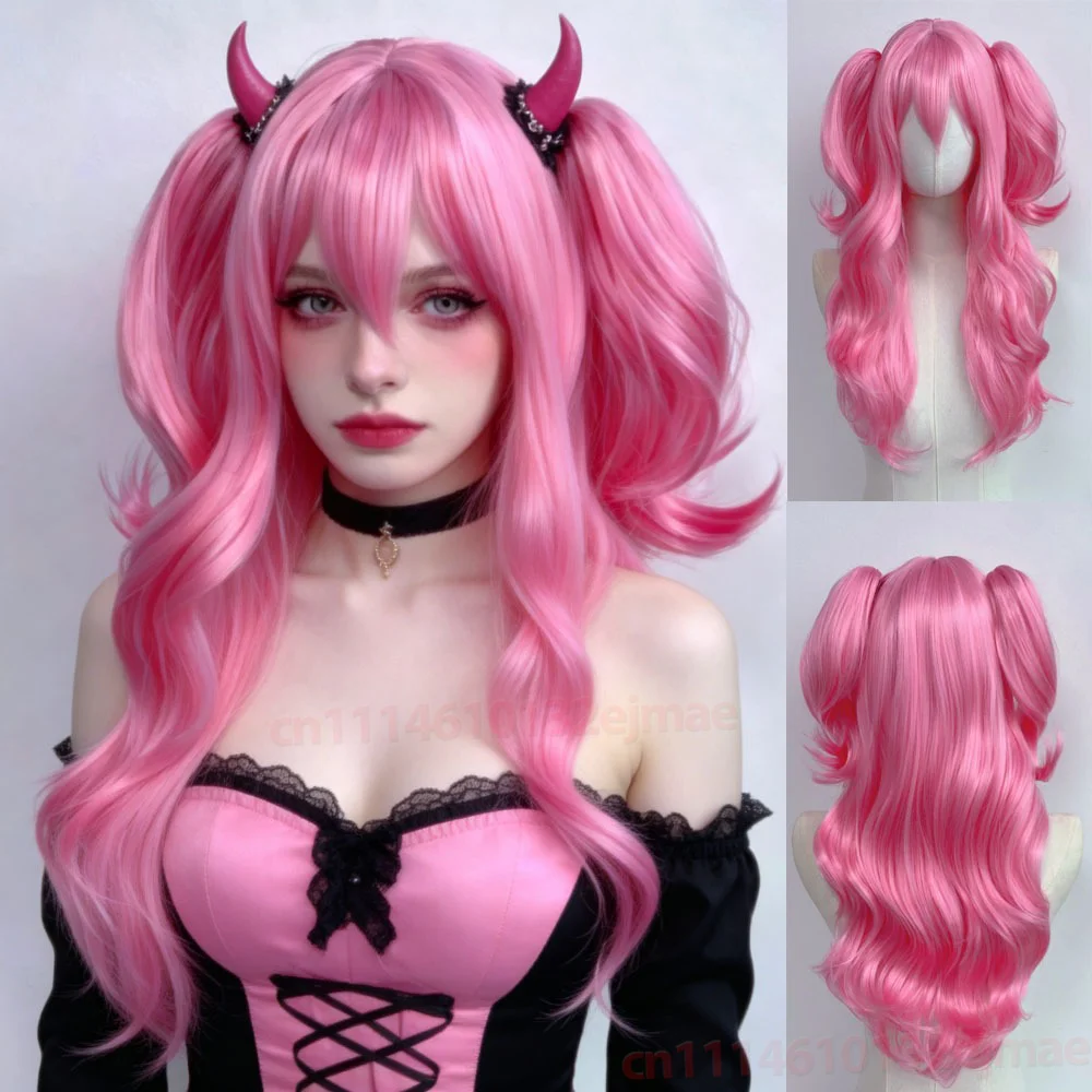 Halloween Long Wavy Cosplay Pink Wig for Women Heat Resistant Ponytail Lolita Synthetic pink Wigs Natural Hair Party Daily Use