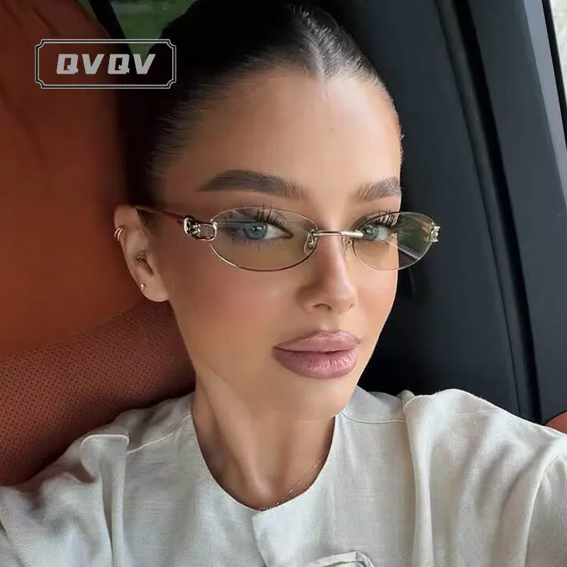 New Frameless Metal Design Oval Sunglasses Women Rimless Cut