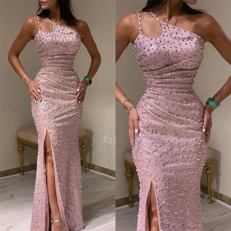 Sexy Casual Jersey Draped Pleat Beading Birthday Sheath One-shoulder Bespoke Occasion Gown Long DressesCustomization