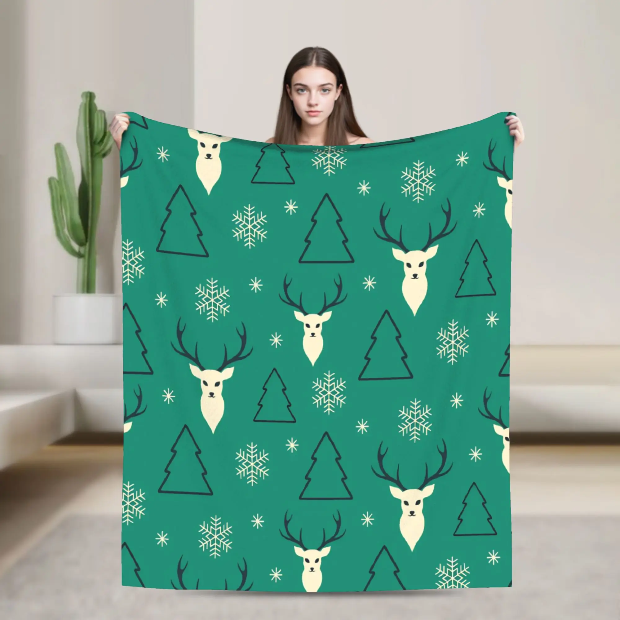 Christmas  Deer Trees Snowflakes Wool Blanket Winter Holiday Customized Throw Blanket for Home Hotel Sofa  125*100cm Bedspreads