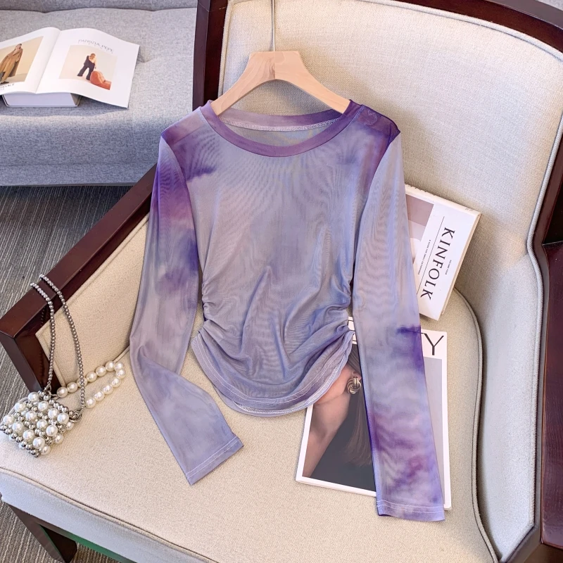 Letnia nowa koszulka damska z efektem tie-dye, długa, z okrągłym dekoltem, chroniąca przed słońcem, do pracy, w stylu koreańskim.