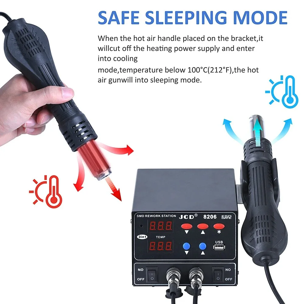 JCD 8206 SMD Soldering Station Quick Heat 3 in 1 Heat Gun 800W USB Interface LED Display Solder Iron BGA Rework Welding Station