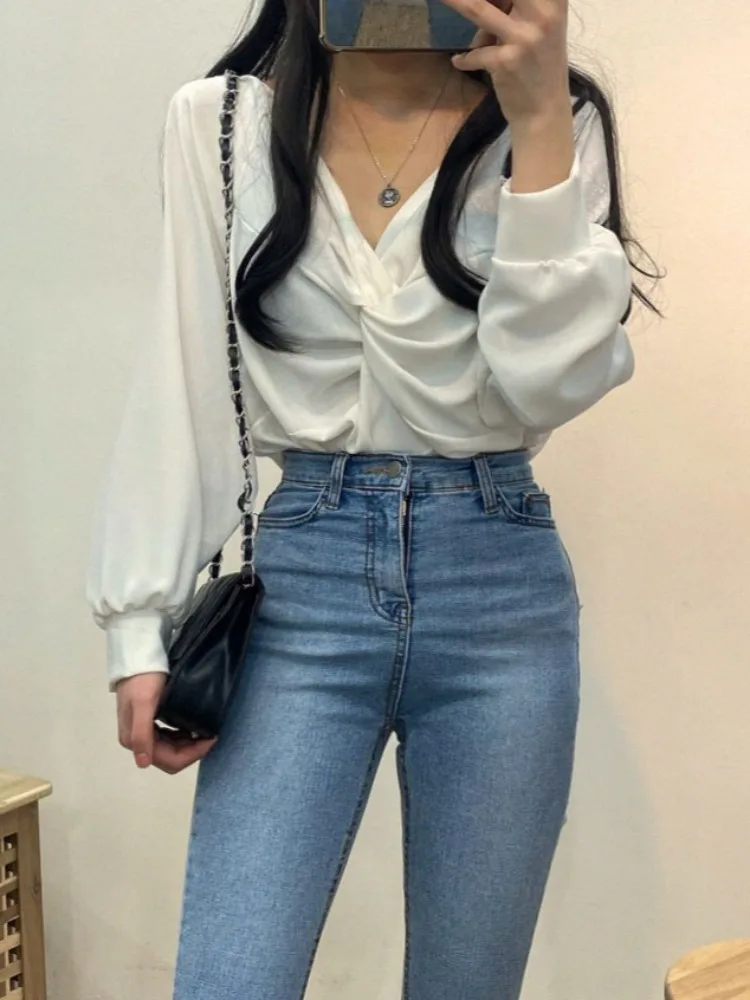 Chic Blue V-ne Bubble Sve irt Women's Loose Fit Knot Design Versatile Casual Top Spring Autumn Winter Faion