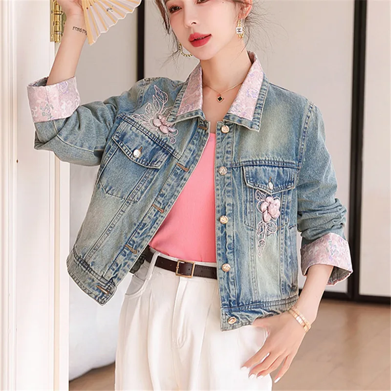 Lente Dames Blauwe Korte Jeansjas Vintage Contrastkleur Revers Lange Mouw Single-breasted Vrouwelijke Denim Jas Streetwear