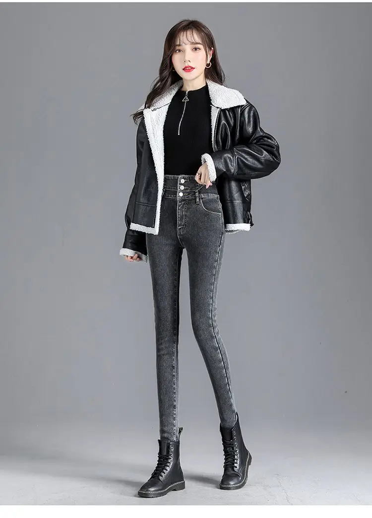 Skinny Women's Stretch Jeans Slim Fashion Korean Pencil Pants Winter Vintage Black Gray Blue Washed Mom Jeans Leggings XK127