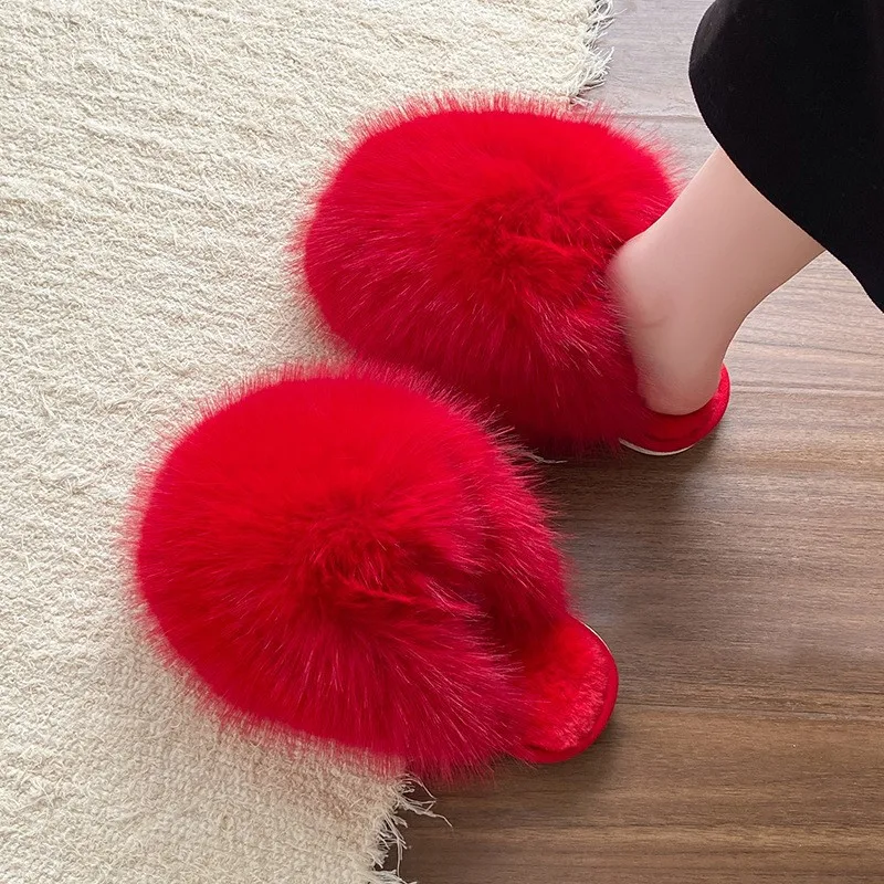 Faux Fur Fluffy Slippers For Women Indoor Street Slides Solid Color Warm Plush Girls Fashion House Shoes Anti-slip Big Size 42 - Image 4