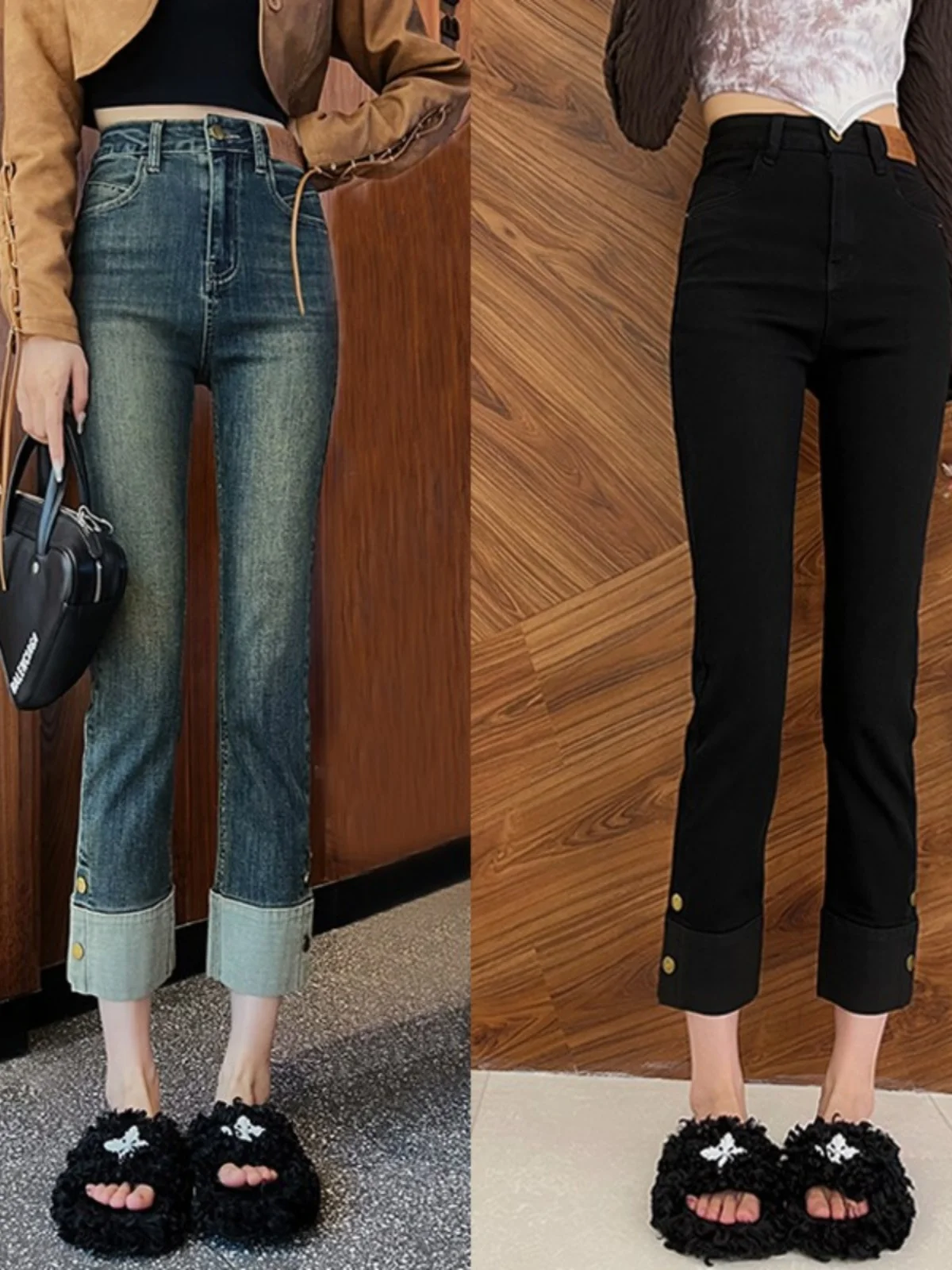 

High Waist Straight Leg Bla Jeans Women's plus Size Autumn Winter Slim Fit Cuffed Ankle Length Denim Pants
