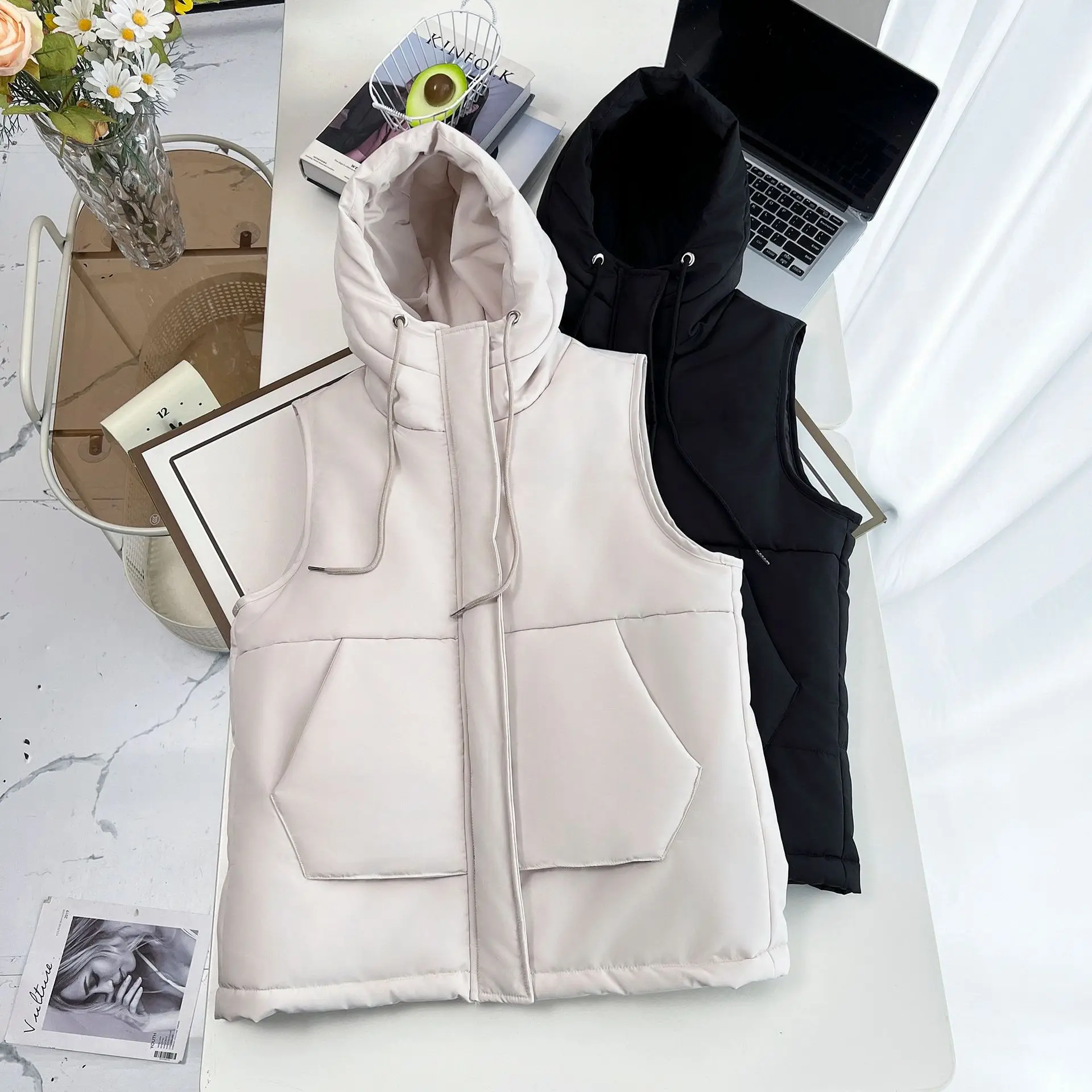 XL XXL Women Parka Winter Loose Thickening Warm Medium Long Cotton-Padded Sleeveless Vest Hooded Solid Waistcoat 2445