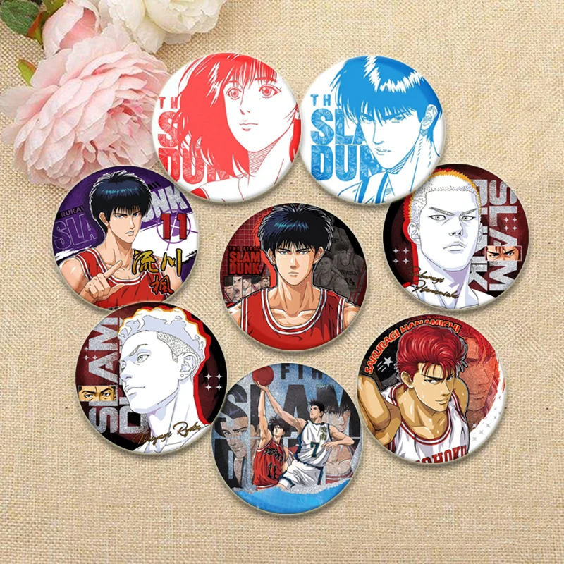 

Sakuragi Hanamichi Rukawa Kaede Mitsui Hisashi Haruko Akagi Ayako Inoue Cartoon Badge Pins Round Anime Brooches Accessories Gift