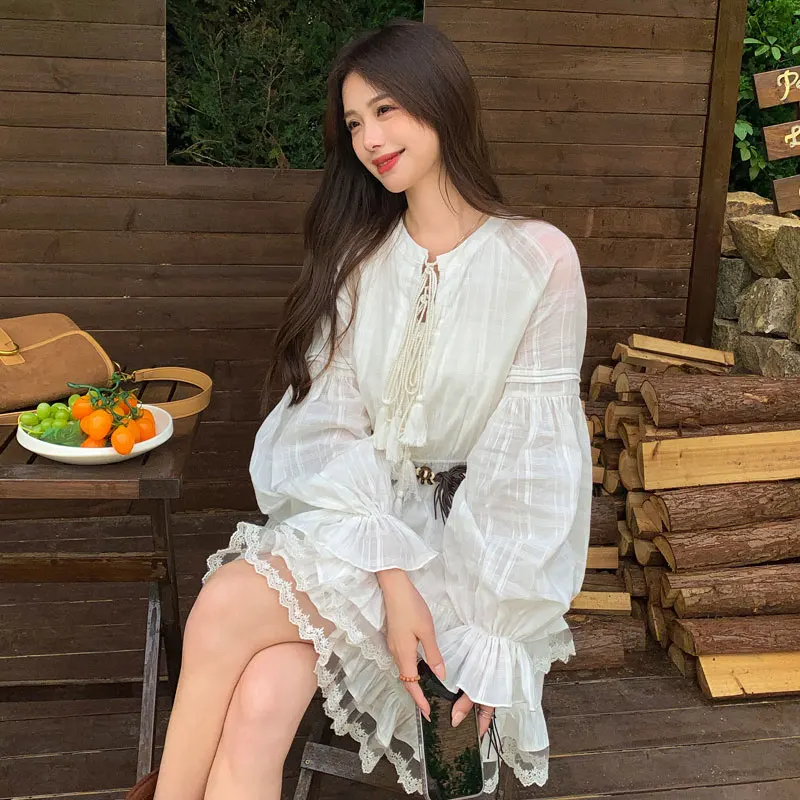 Vestido F Estilo Boho para Feriados, Saia Curta Doce, Manga Longa, Cintura Ajustada, Estilo Casual, Psado em Fibra ...