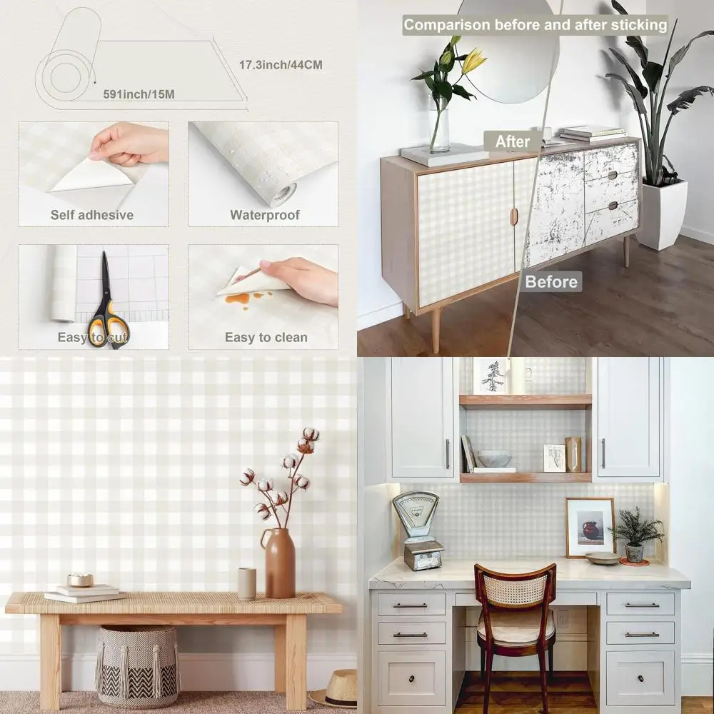 

Съемные обои в стиле бохо, клетчатые, ширина 17,3 дюйма x длина 591 дюйм, водонепроницаемые, для шкафов, идеально подходят для ванных комнат и детских комнат