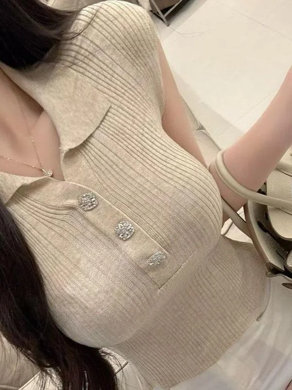 Elegant Knitted Short Sleeve T-Shirt Women's Summer Slim Fit Shirt Collar Button Design Breathable Comfortable Korean Style