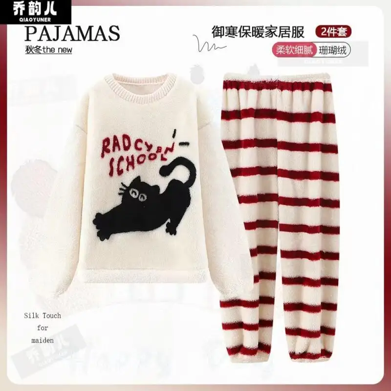 

Warm Cartoon Red Stripe Black Cat Set with Thickened Fleece for Spring Home Wear for Women Women's Pajama Girl Winter Homewear
