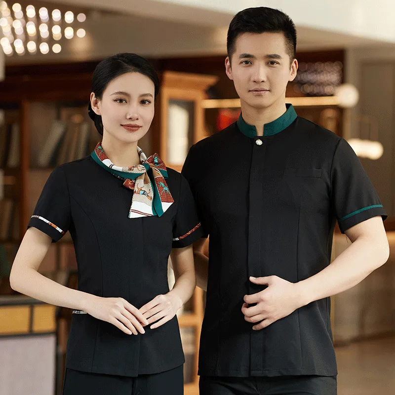 Uniforme de trabajo de camarero de restaurante para mujer, estilo chino de verano, Hotel, olla caliente, Catering, restaurante, granja, recepción, manga corta