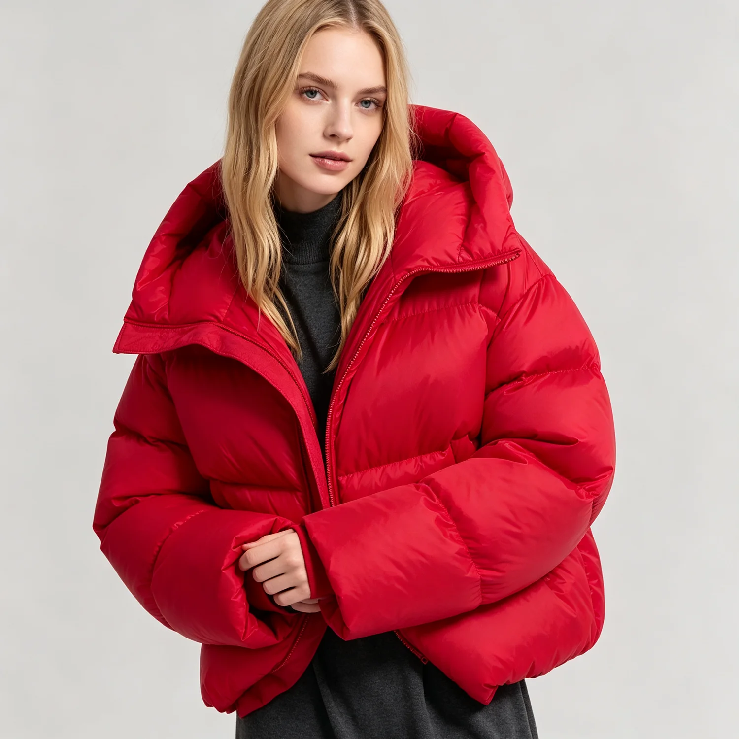 PUAL  Women Hooded Puffer Jacket, Full Zip Drawstring Warm Winter Coat Loose Casual Outerwear With Side Pockets