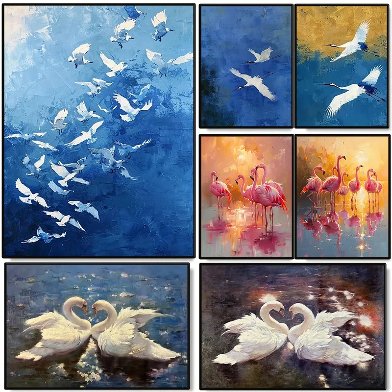 (No frame)Colourful Birds Animal Poster Flamingo White Swan Flying Crane Abstract Canvas Painting Wall Art for Living Room Ho