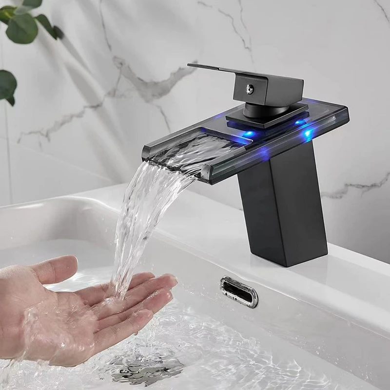 Non-electricity LED Luminous Basin Faucet Hydropower Waterfall Cold Hot Water Mixer Tap 3 Colors Changing Square Bathroom Faucet