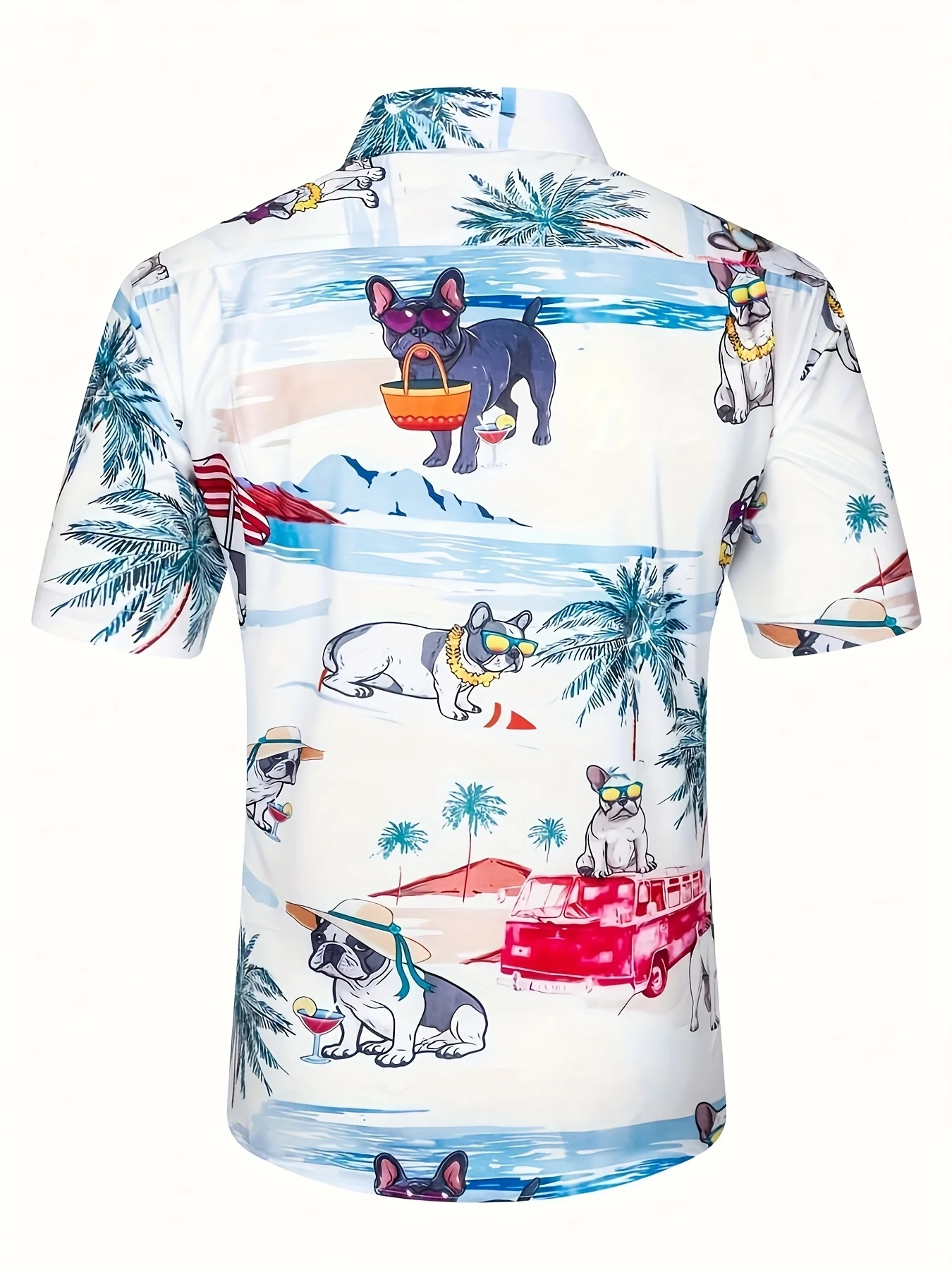 New Leisure Men Shirt Beach French Bulldog Palm Print Camp Collar Short Sleeve Loose Cut For Coastal Holiday Trips Mens Wear