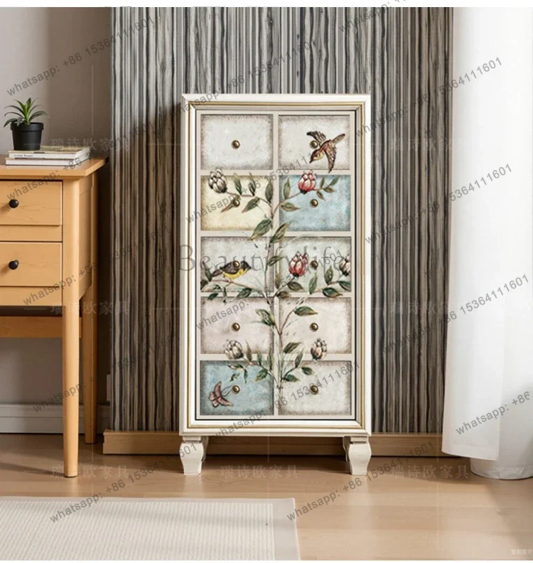 FG40American pastoral style solid wood chest art painting multi-drawer classification locker
