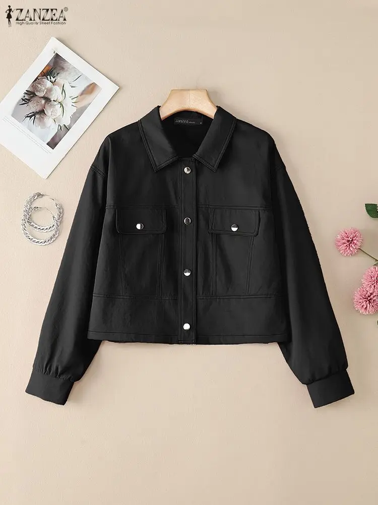 

ZANZEA женские черные короткие куртки с воротником с лацканами и длинными рукавами на пуговицах контрастной вышивкой, однотонная верхняя одежда, осень 202, уличная одежда