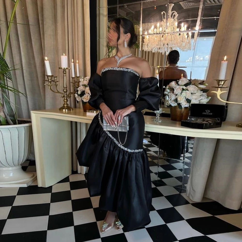 

ROSELLA Black Strapless Women Special Events Dress Puff Sleeves Ankle Length Asymmetrical Mermaid Saudi Evening Dress New 2023