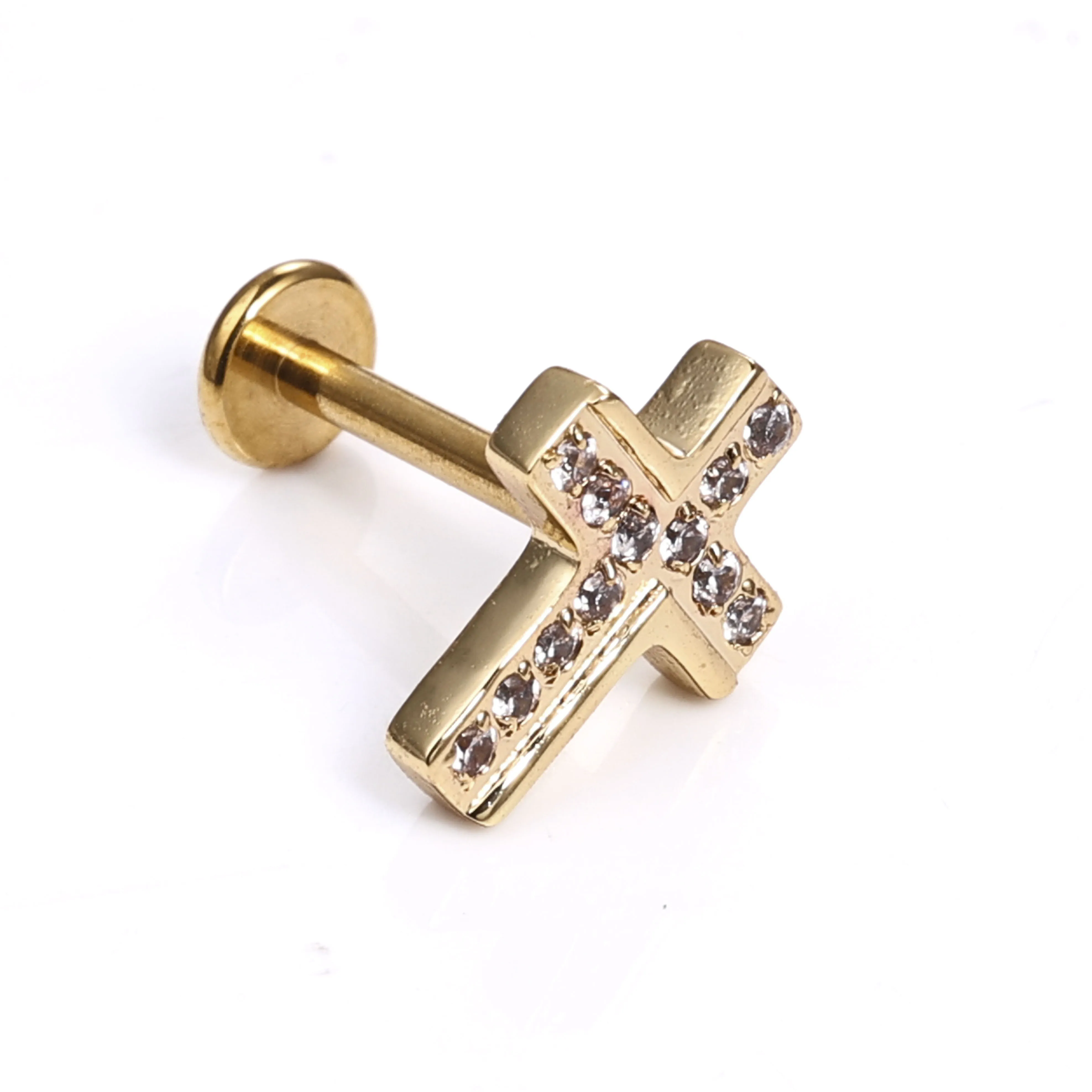 1 Piece of Overall Stainless Steel, Fashionable and Simple Ins Style, Personalized Zircon-Inlaid Mini Cross Lip Ring, Lip Stud, Ear Cartilage Stud, Body Piercing Jewelry