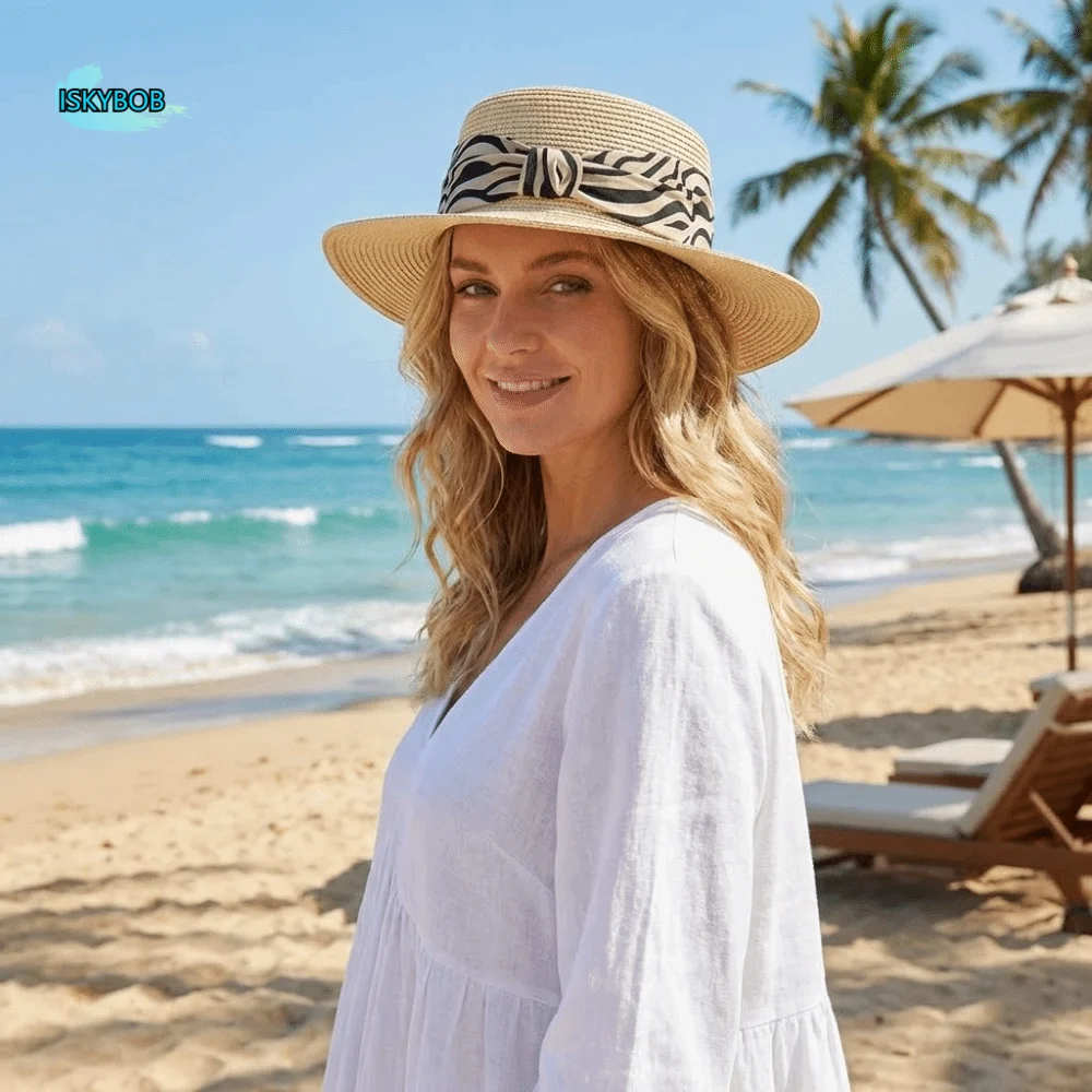 

with Leopard Print Belt Straw Woven Hat Wide Brim Flat Top Sunscreen Bucket Hat Sun Protection Sunshade Women's Sun Hat Beach