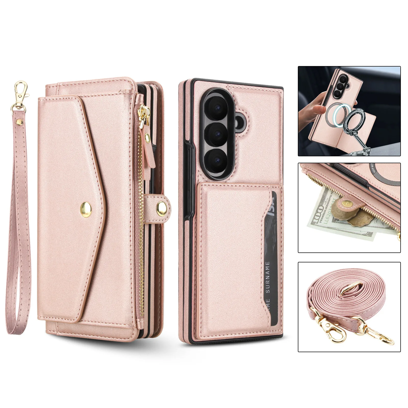 Applicable to Samsung ZFold7 foldable multi-functional detachable phone case FOld6/5 cross-body bag with zipper protection cover