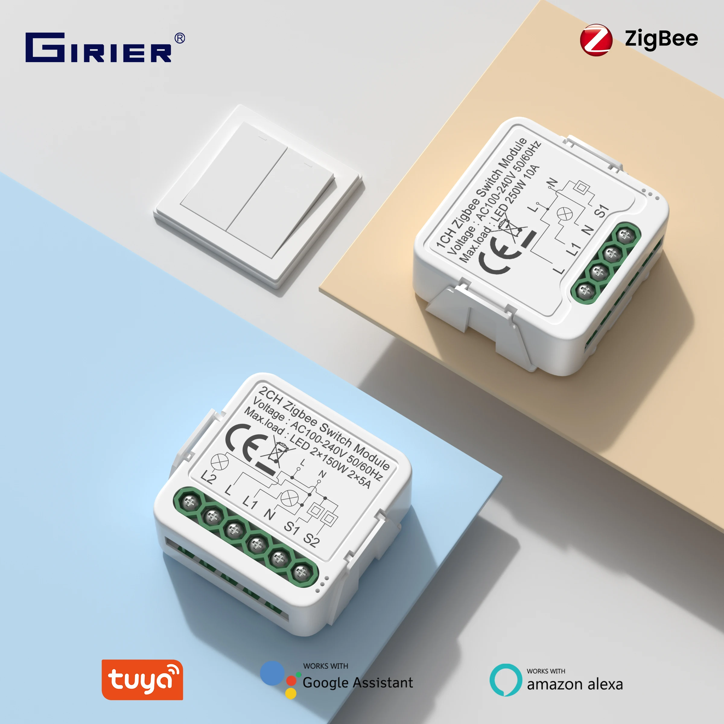 

Модуль умного переключателя GIRIER Tuya ZigBee DIY Реле выключателя Требуется нейтральный провод 1/2/3/4CH Поддержка двустороннего управления Alexa Hey Google