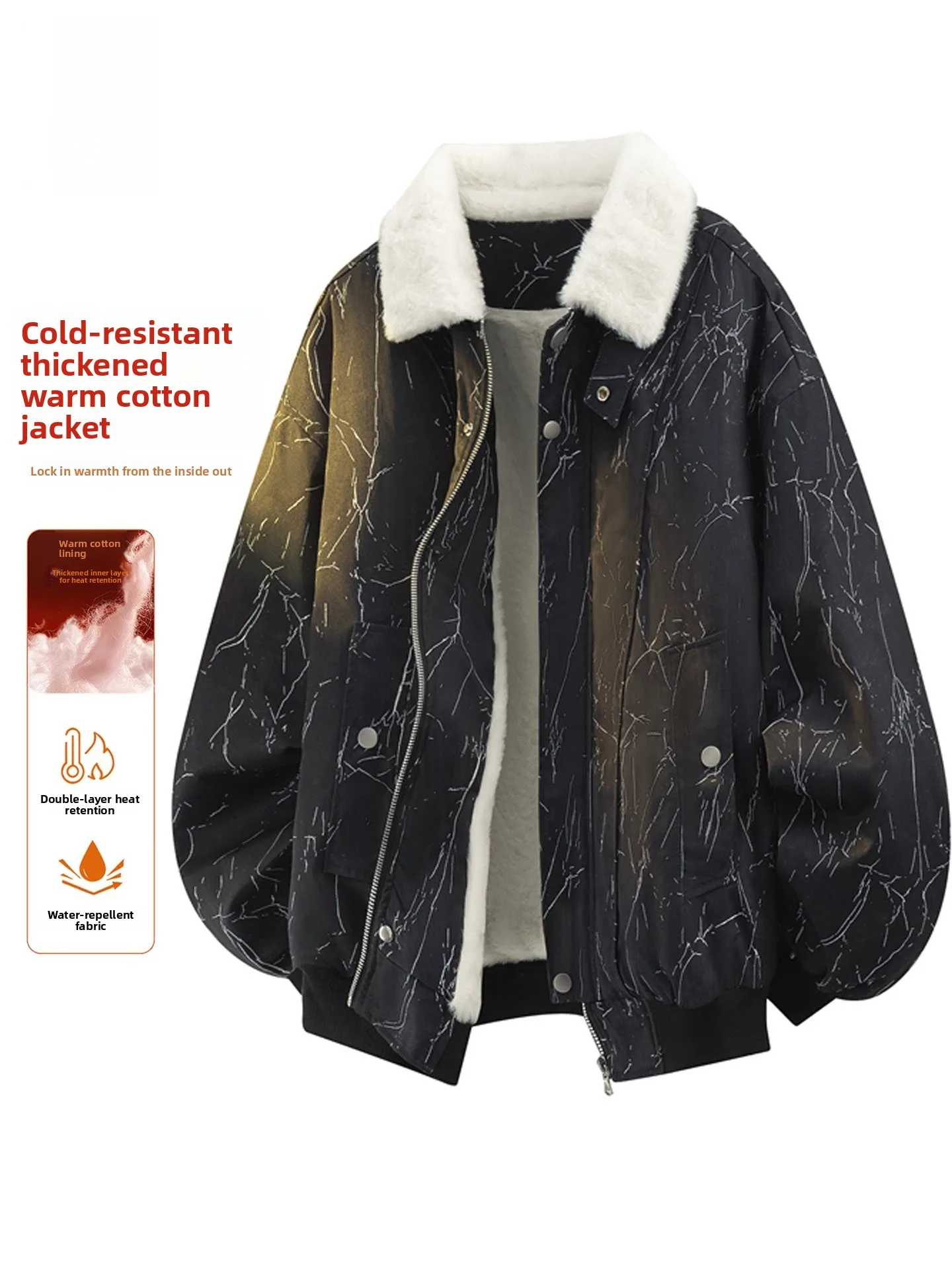 

Nainiu Road Men's Thickened Warm Cotton Jacket Double Layer Heat Retention Loose Fit Lamb Velvet Collar Zipper Closure Fashio...