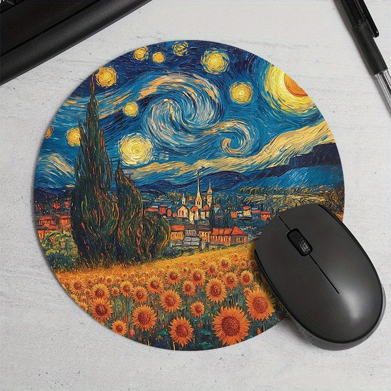 Starry Night Sunflower Round Mouse Pad Anti Slip Desk Mat Office Desk Accessories Rug Mouse Mat Gaming Set Up Mousepad
