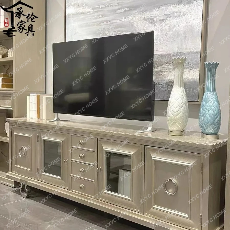 L impression TV cabinet light luxury solid wood carving retro old U-shaped metal feet
